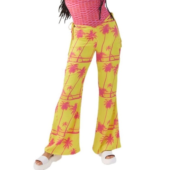 Urban Outfitters UO Sunny side‎ cutout yellow pink palm tree Flare Pants Size 10 - Picture 7 of 10